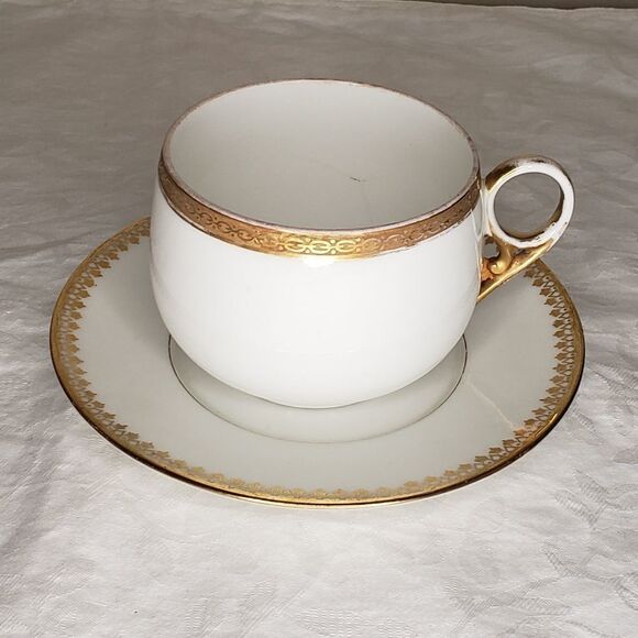 Antique Limoges gold Chintz porcelain cup saucer - Picture 2 of 9